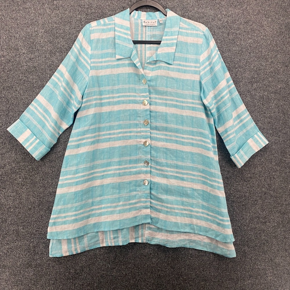 Habitat‎ Clothes to Live in Top Small Linen Tunic Blue Button Up Coastal Beachy
